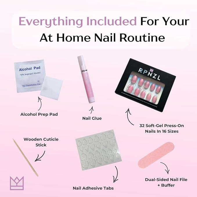 Press On Nails - Petal Pink I Solid Opaque Light Pastel Pink Short Oval Nails, Salon Quality, 32 Nails, 16 Sizes Kit with Glue and Adhesive Tabs - Female Founded