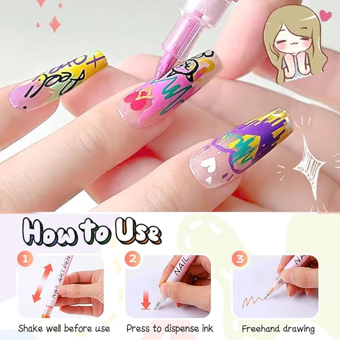 12 Colors Nail Art Pens Set,2026 Upgraded Nail Art Markers for Gel Nails,Quick Dry Long Lasting Nail Polish Pen,DIY 3D Drawing Dotting Painting Nails Liner Brush for Dotting Painting Home Use (A)