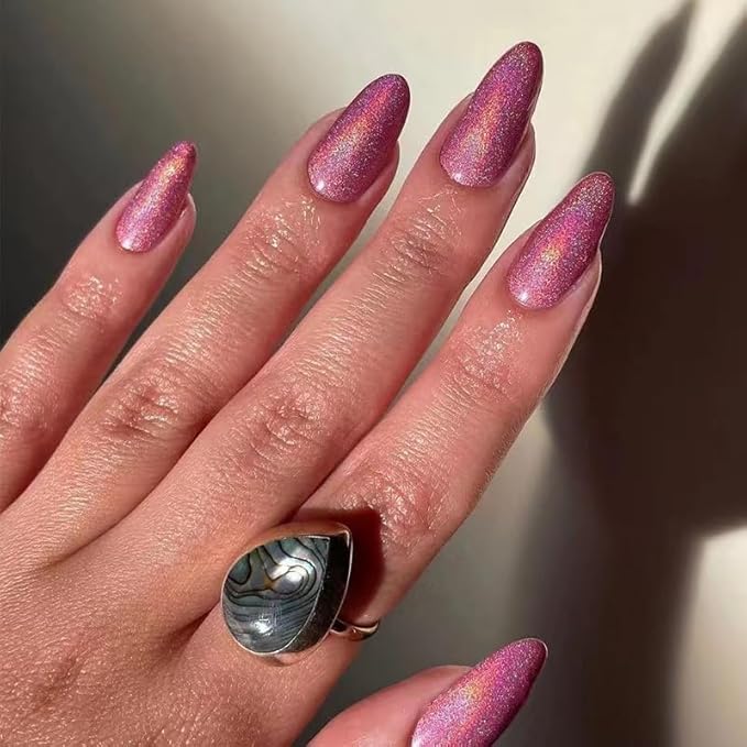 Press on Nails Almond - Medium Fake Nails with Chrome Colorful Design - Pink False Nails Press ons - for Women 24 Pcs
