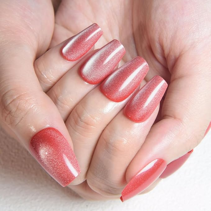 evpct Red Pink Cat Eye Coffin Press on Nails Square Medium, Medium Square Stick on Nail for Women Gift, Red Pink Metallic Glitter Glossy Reusable Summer Soft Gel Press on Acrylic Fake Nail with Design