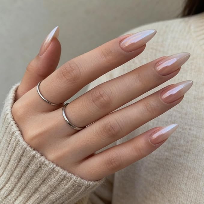 Ombre Press on Nails Almond Fake Nails with Design Chrome False Nails Press ons Medium Glossy Full Cover Acrylic Glue on Nails Artificial Stick on Nail for Women Manicure 24Pcs