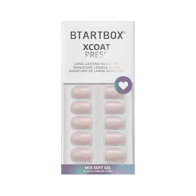 BTArtbox Press On Nails Square - Pastel Short Press On Nails with Glue for Women, Opaque Soft Gel Glue On Nails in 16 Sizes - 32 Stick On Nails Kit, Heeled Neutral