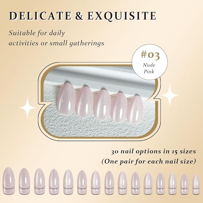 evpct Cat Eye Press on Nails Almond Short, Cat Eye Stick on Nails Press on, Nude Pink Glitter Short Almond Press Stick on Nails, Fake Nails Press ons with Kits, 30Pcs Reusable Acrylic Fake Nails Kit