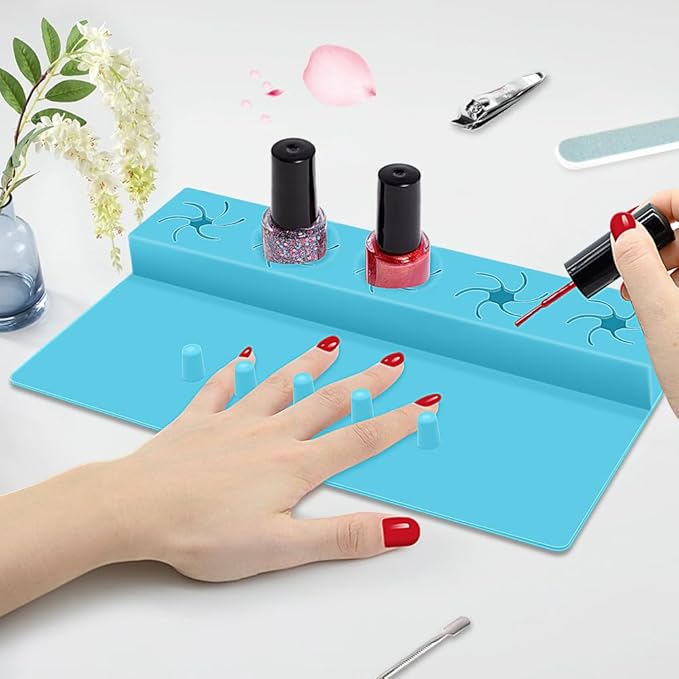 Nail Polish Holder,Silicone Hand Rest Mat Fingernail Painting Tools 2 in 1 Art Accessories Organizer Case Set with Anti-Spill Bottle Stand and Finger Separators for Pedicure Manicure(Blue)
