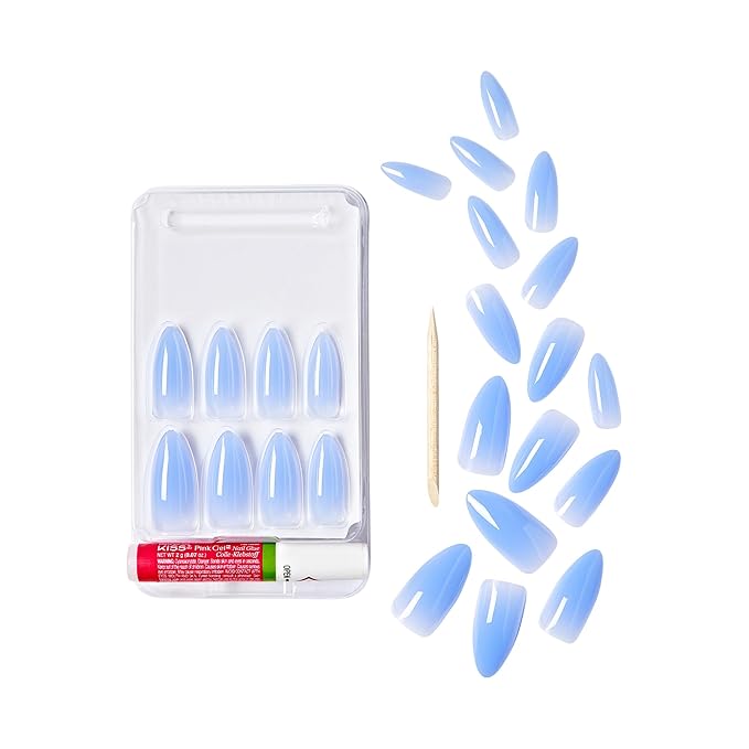 GoldFinger 24 Pcs Press On Nails, Long Almond Fake Nails, Blue Gradient Gel Stick On Extensions, Reusable DIY Full Cover False Nail Kit with Glue, Manicure Stick & File, 7 Day Long Lasting Wear