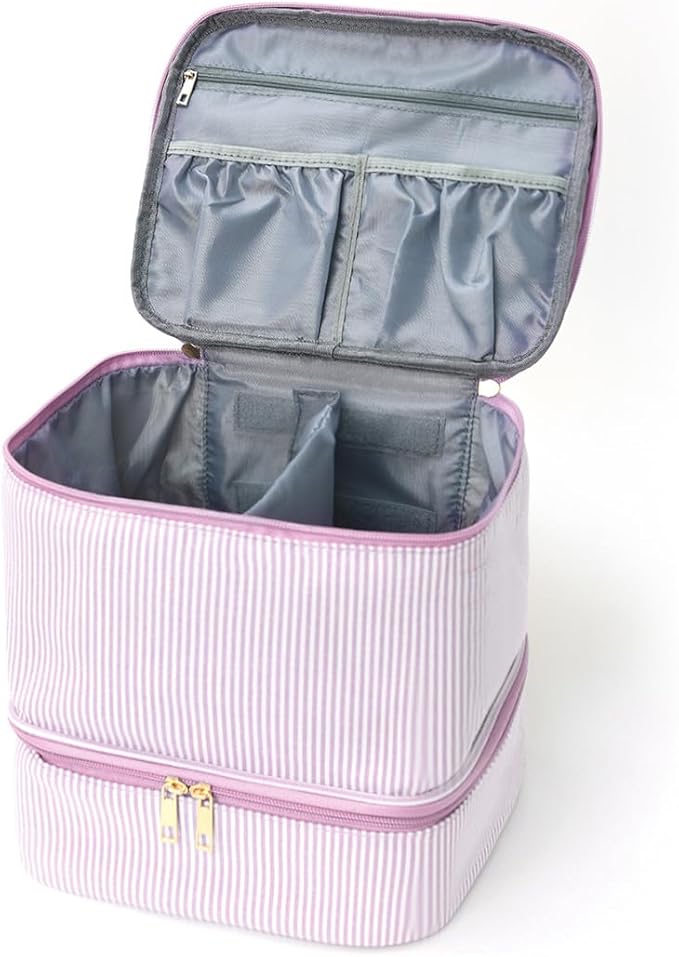 hibear Nail Supplies Organizer Nail Polish Storage Holds 30 BottlesNail Polish Storage Holds 30 Bottles Nail Kit Case Makeup Bag Vanity Case for Women (Striped pink)