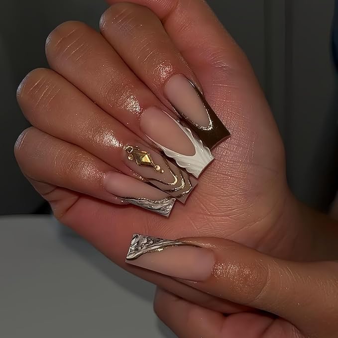 Brown Press on Nails Long Square Fake Nails French Tip False Nails Press ons Fall Stripes Acrylic Nails Matte Full Cover Stick on Nail for Women Manicure Deco 24Pcs