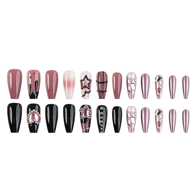 RTKHFZE Press on Nails Medium Square Fake Nails Black Full Cover Acrylic False Nails with Pearl Jewelry and Rhinestones Designs Artificial Press on Stick on Nails for Women Nail Decorations
