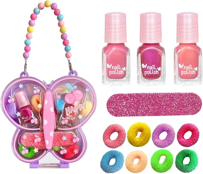M&U MAKE YOU UP Butterfly Jewelry Case Nail & Hair Set - 3 Quick-Dry Polishes + 5 Fuzzy Elastics | Portable Beaded Clutch for Teens, FashionGift with Floral Charm Party Favors