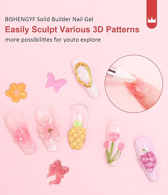 Solid Builder Nail Gel BISHENGYF: 1.05 OZ Non-Sticky Hand Sculpting Clear 3D Gel Nail Art Building with Nail Glitter for Nail DIY Decoration