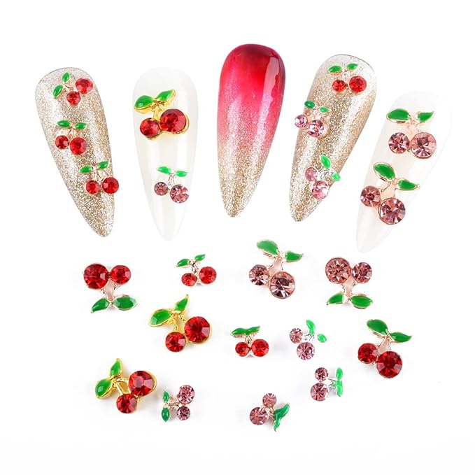 60Pcs Cherry Nail Charms 3D Cherry Nail Rhinestones Glitter Nail Gems Metal Gold Rose Gold Kawaii Fruit Nail Charms for Girl DIY Nail Art Craft Accessories