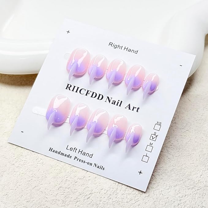 10 Pcs Curved Press on Nails Stiletto Medium Cat Claw Handmade Nails Press Ons Unique 3D Purple French Tip Cat Claw False Nails Thick Gradient Designs Stick on Nail Reusable Glossy Acrylic Nail (S)