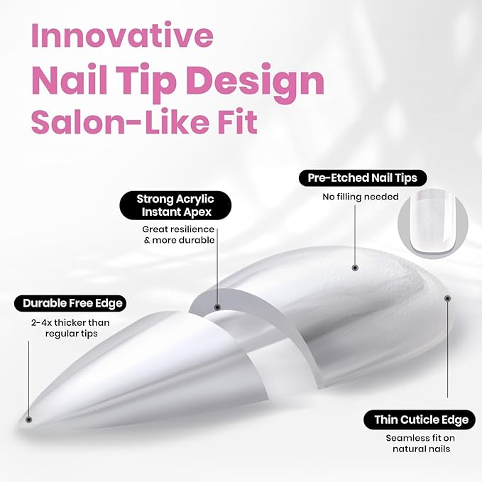 Beetles Tipex Lite Apex Nail Tips, Almond Short, 512pcs 16 Sizes,Pre-Building Pre-Etched Acrylic Nail Tips for Flat Nails & Natural Nail Beds