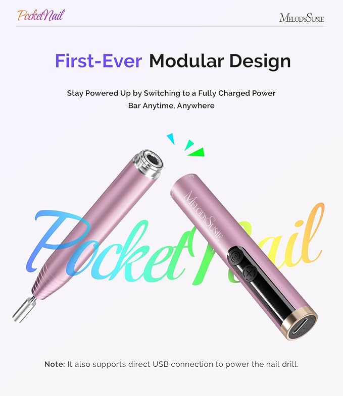 MelodySusie PocketNail Pen-Shaped Cordless Modular Nail Drill, PC100GR 20000RPM Slim Portable Rechargeable Electric File for Manicure Pedicure Nail Care, Shaping & Gel Removal at Home for Beginners