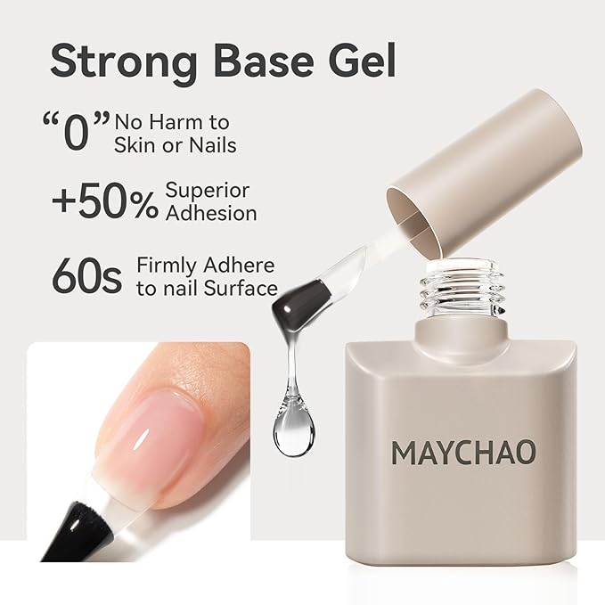 MAYCHAO 15ml 2 Pcs Glassy Gel Top Coat and Base Coat Set,No Wipe Foundation Combination for UV Light Cure Nail Polish