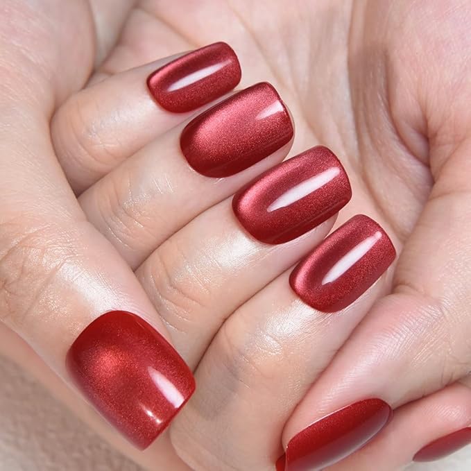 evpct Red Cat Eye Extra Short Press on Nails Square, Petite Short Square Stick on Nails for Women Gift, Real Red Metallic Glitter Glossy Reusable Soft Gel Press on Acrylic Fake Nail with Designs
