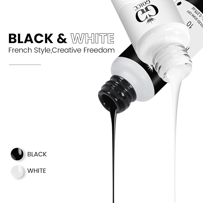 Black and White Gel Nail Polish Art Liner – 2 Colors Gel Nail Polish White Black Liner for Nail Art Design French Tips Soak Off UV/LED 8ml (B6)
