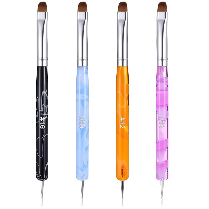 4 Pcs French Gel Nail Brush, French Gel Acrylic Nail Art Brush with Dotting Tool, Professional Manicure Tool for Extension Gels Nails Detailed Designs DIY Nails Salon (10# 12# 14# 16#)
