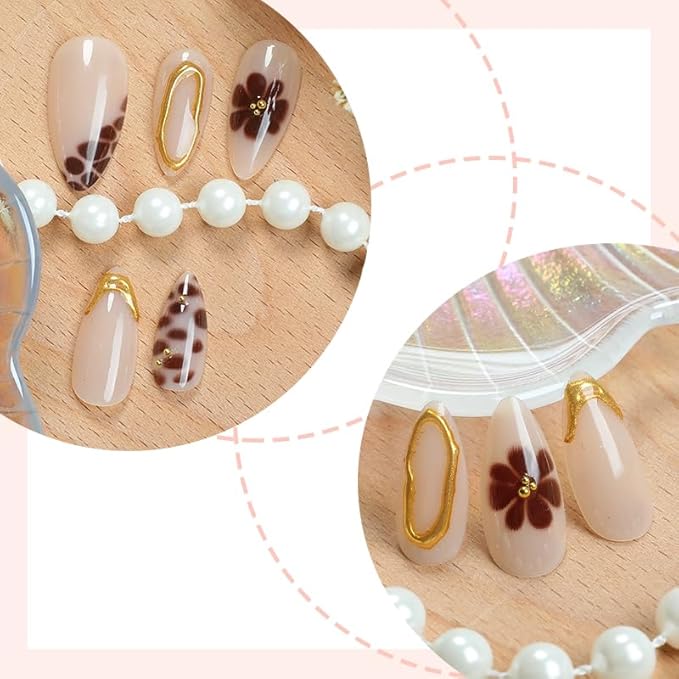 Press on Nails Almond Painted Flowers French Fake Nails French Fake Reusable Nail Kit with Nail Glue Adhesive Tabs Mini Nail File for Women Manicure Art Decoration 24PCS
