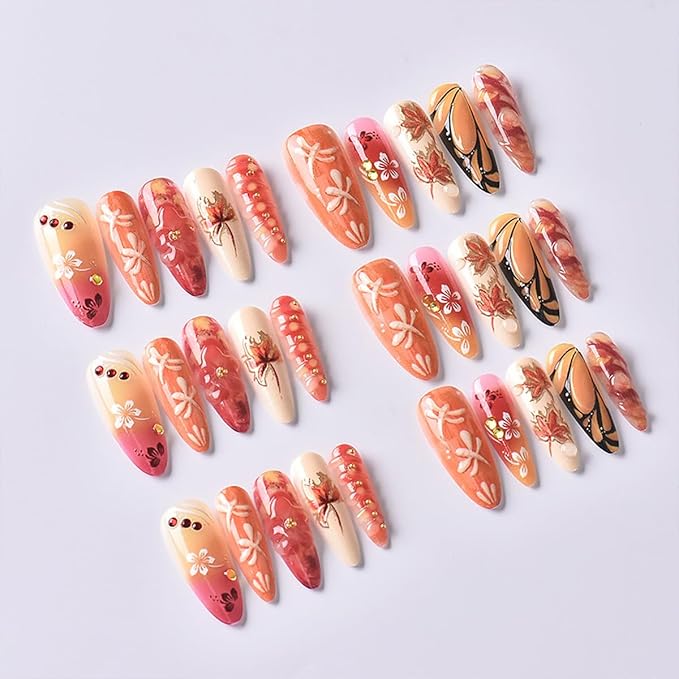 30Pcs Fall Press on Nails Long Almond Fake Nails Gilding Red Maple Leaf False Nails with 3D Flower Gems Design Thanksgiving Stick on Nails Full Cover Artificial Glue on Nail for Women Autumn DIY Kit