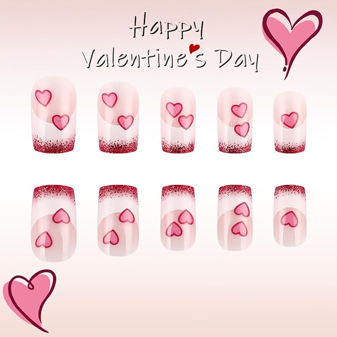 Valentines Nails Press on Nails Short Square Heart Fake Nails with Designs Pink White Glitter French Tip Glue on Nails Valentine's Day Acrylic Nails Cute False Nails for Women Manicure 24Pcs