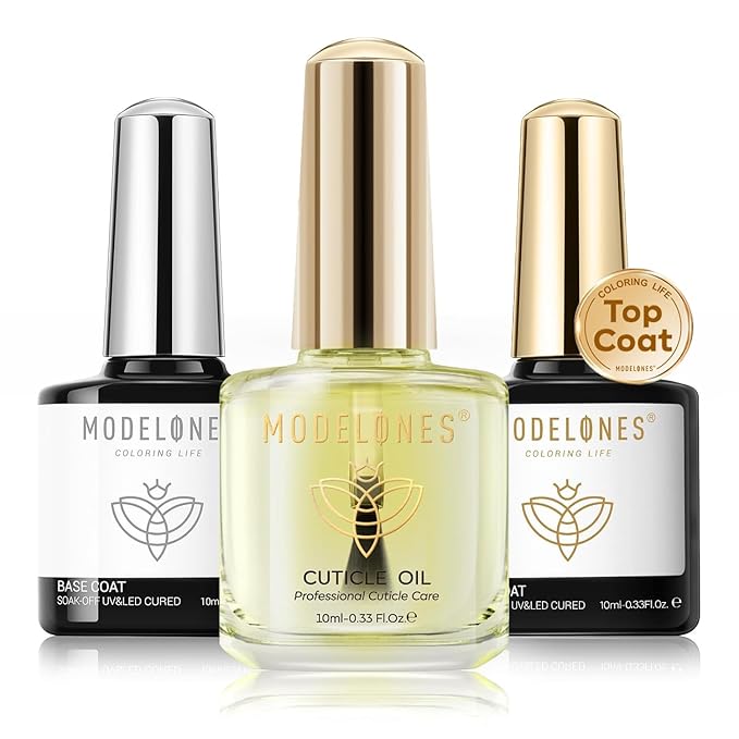 modelones 3 Pcs Gel Top Coat & Base with Cuticle Oil Set,10 ml Cuticle Protectors Set Gel Nail Polish No Wipe Base Gloss Top Coat & Nail Oil