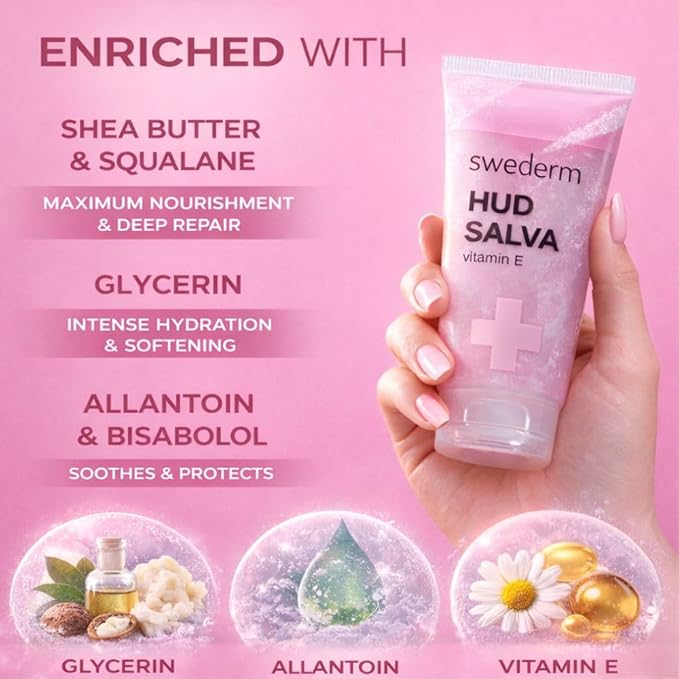 swederm Hudsalva Hand Cream 3.37 Oz - Healing Ointment with Vitamin E - Hands and Foot Cream for Women - Full Body Moisturizer for Dry Skin - Quickly Absorbing - Made in Sweden - Pink