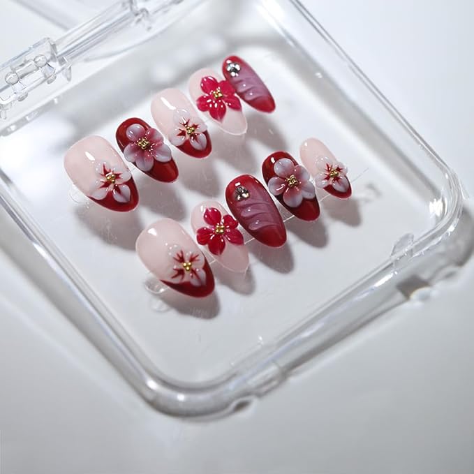 10 short Almond Handmade Press On Nails | 3D Floral Red & Nude Romantic Cherry Blossom Design with Rhinestones,New styles | Skip Salon Trips, Easy to Apply & Remove, Reusable (251108, XS)