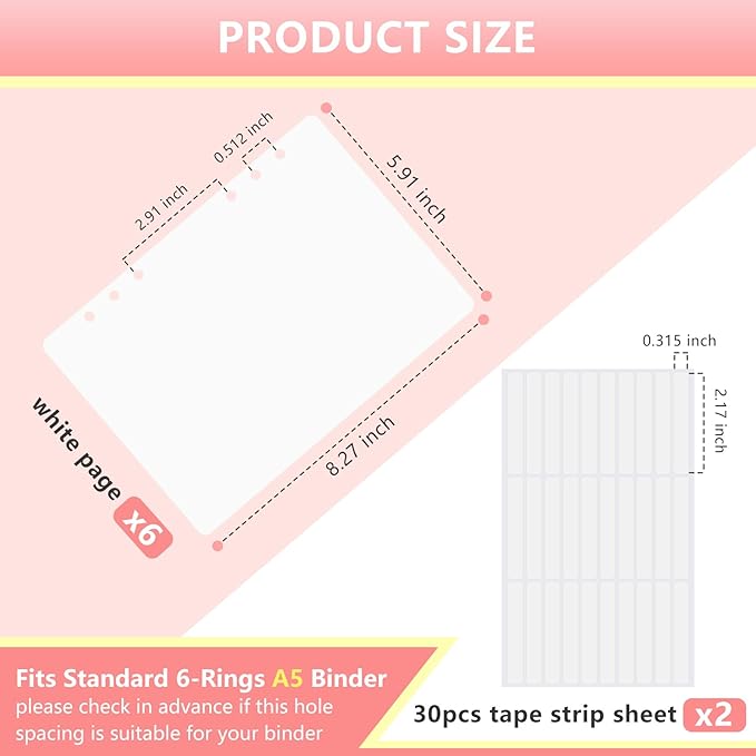KEIFIN 6 PCS Blank Refill Sheets for Press On Nail Storage Organizer Binder A5 Plastic Insert Pages for Fake Nail Swatch Container Book Polish Color Display Holder with 60 Pcs Tape Strips (WHITE)