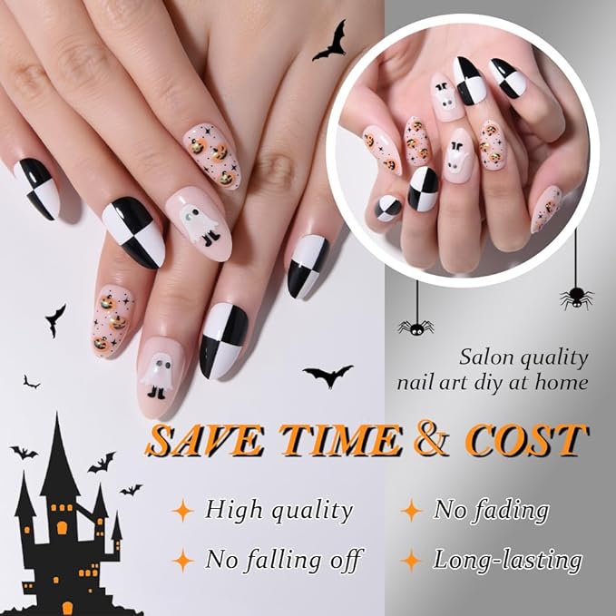 Cute Halloween Press on Nails Short Almond with 3D Ghost Pumpkin Design, Nude Pink Glossy Artificial Acrylic Fake Nails Reusable with Kit, Perfectly Fit Full Cover Stick on False Nail for Women Girl