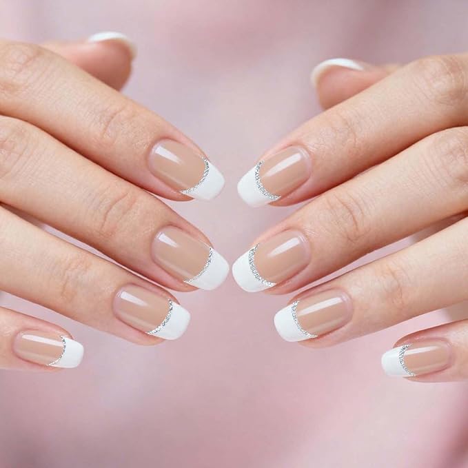 Semi Cured Gel Nail Strips White French Tip with Clear Base & Silver Glitter Line, 20 Pcs DIY Gel Nail Wraps, Beginner-Friendly, Salon-Quality, UV Light Required