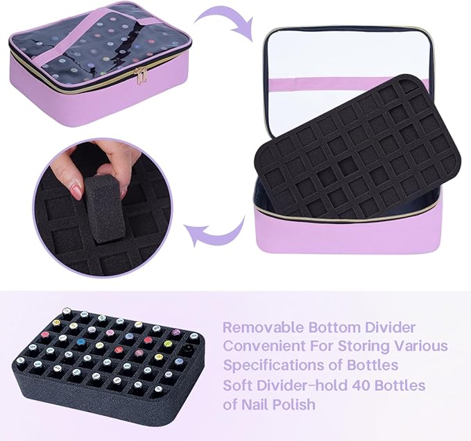 Small Clear Nail Polish Organizer Case Holds 40 Bottles(15ml-0.5fl.oz) Multifunctional Nail Polish Bag, Cosmetic Travel Makeup Bags for Women, Pink