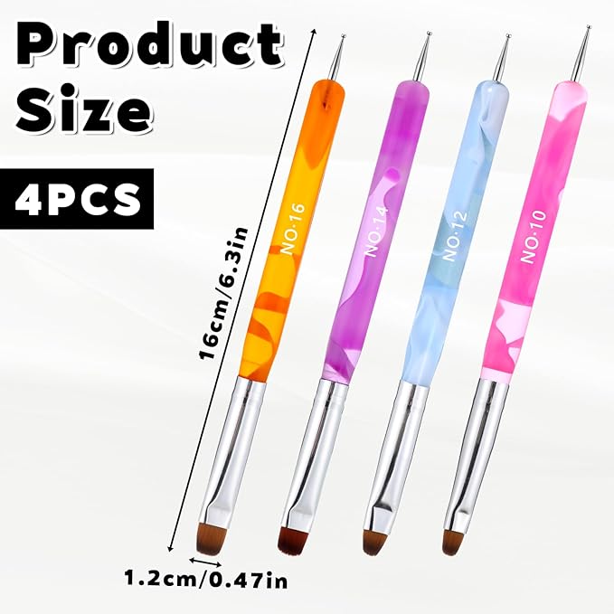 4 Pcs Gel French Manicure Brush with Dotting Tool Acrylic Nail Clean Up Brushes Elegant Marble French Nail Brush Set for Manicure Art Design and Nail-Cleaning (Multicolor 10# 12# 14# 16#)