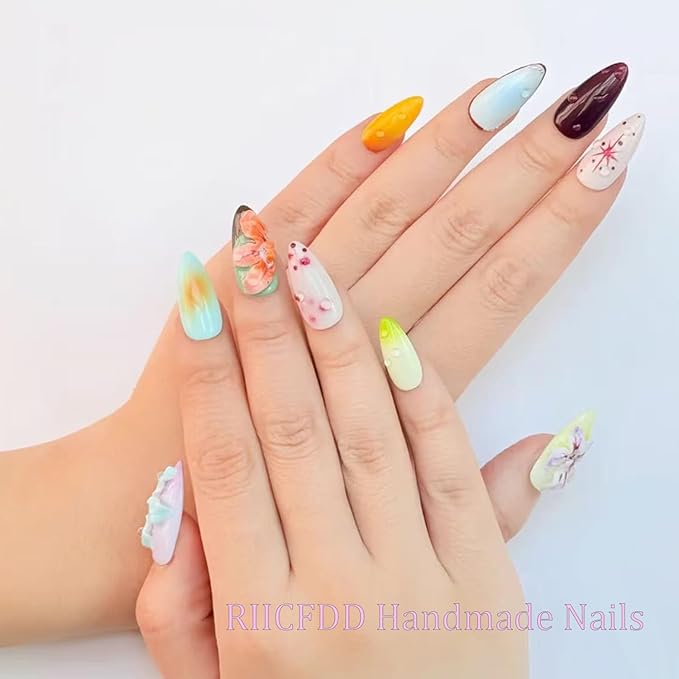 Handmade Press on Nails Medium Almond Thick Acrylic Nails with Glue,Tropical Flower Art Fake Nails with Water Droplet Pattern Designs Nature Stick on Nail False Nails for Wome (Size S)
