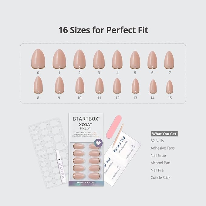 BTArtbox Press On Nails Almond - Short Gold Foil Press On Nails with Glue for Women, Semi-Transparent Soft Gel Glue On Nails in 16 Sizes - 32 Stick On Nails Kit, Gold End