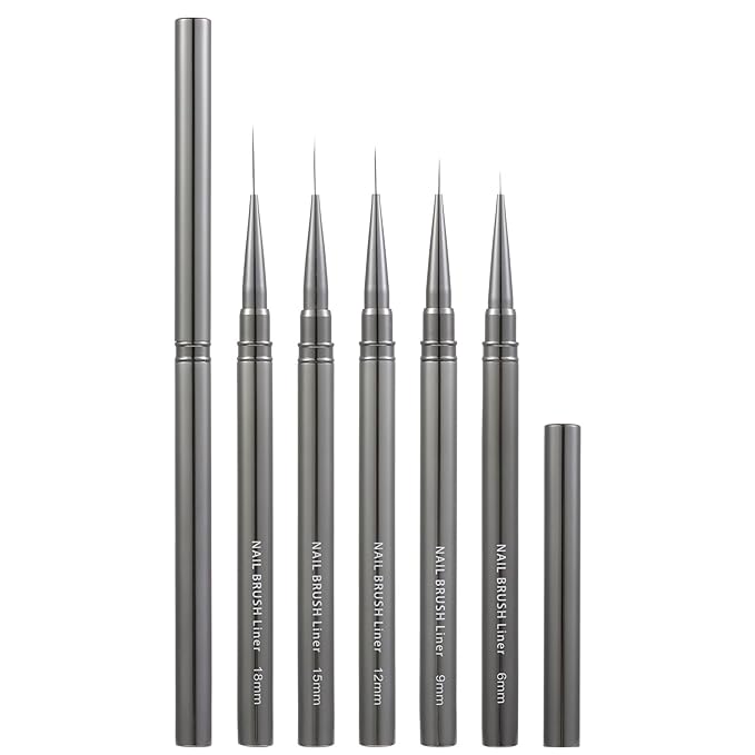 5Pcs Nail Art Liner Brushes For Gel Polish, Detail Painting Design Fine Lines Drawing Brush Set With Cap Metal Handle Home DIY Salon Manicure Tools Women Gifts, 6/9/12/15/18mm