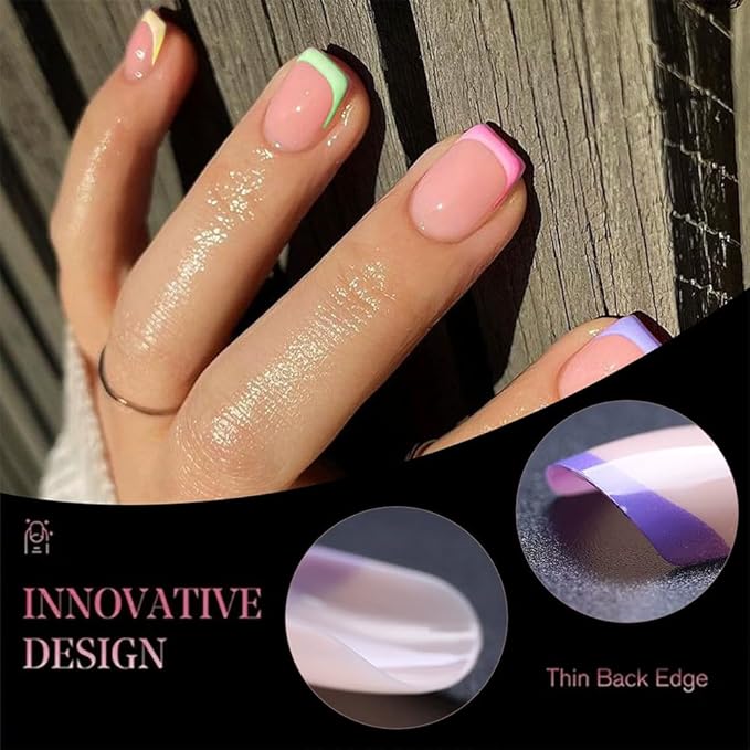 10 Packs 240Pcs French Tip Press on Nails Short Square Fake Nails Colorful Nail Tips Acrylic Nails Glossy Cute Artificial False Nails Chrome Glue on Nails for Women Girls Manicure Nails Decoration