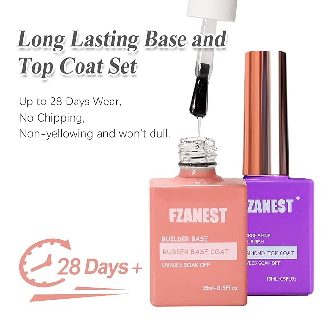 FZANEST Hema Tpo-Free Rubber Builder Gel Base Coat and Diamond Top Coat Gel Nail Polish Set Long Lasting Ultra Shine Top and Base for Nail Strengthener Extension Protection Repair Building Aprex
