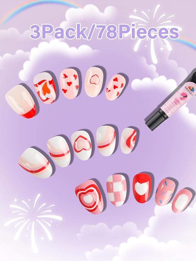78 Pieces Press on Nails for Kids, EBANKU 3 Pack Kid Fake Nail Kit Red Heart Press on Nails for Girls 8-12 Years with Nail Builder Glue