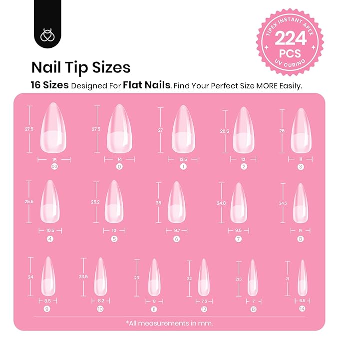 Beetles Tipex Instant Apex Nail Tips Kit, Medium Stiletto, 224 Pcs 16 Sizes Pre-Building Pre-Etched False Nail Tips with Tipex Nail Glue, Mini Nail Lamp