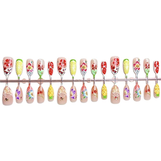 30Pcs Handmade Press on Nails Medium Almond Fake Nails French Tip False Nails with 3D Gold Beads Unique Flower Fruit Designs Petal Glossy Glue on Nail Reusable Acrylic Nails for Women