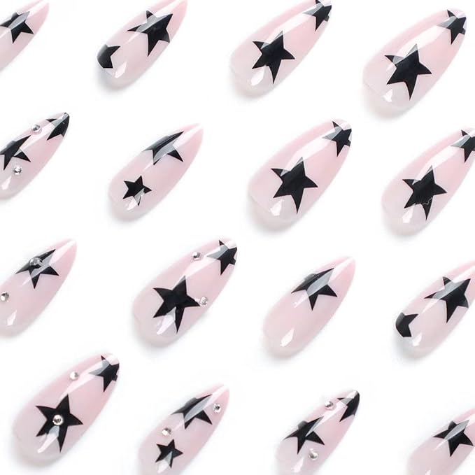 Press on Nails Almond - Medium Fake Nails with Black Star Design - Rhinestone, Nude False Nails Press ons - for Women 24 Pcs