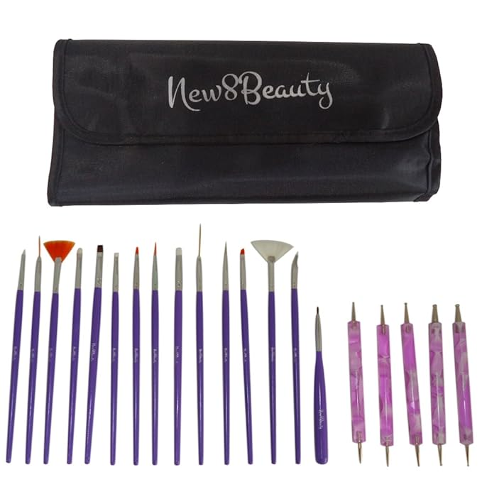 Nail Art Brushes, Dotting Pens Marbling Detailing Painting Striping Tools 20pc Kit Set with Roll-Up Pouch - Best for nail art and facial detailed painting - FREE eBook with Design Idea