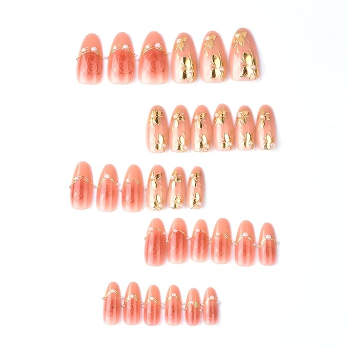 30Pcs Valentines Press on Nails Medium Almond Fake Nails Gold Flower Nails Press Ons with Pearl Design Rose False Nails Glossy Glue on Nail Nude Pink Stick on Nail for Women Decoration Set