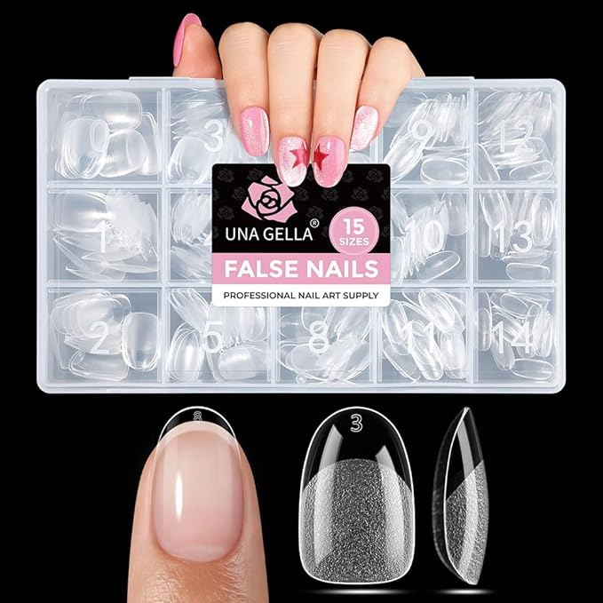 UNA GELLA Oval Gel Nail Tips Short 15 Sizes 300PCS Pre-Etched Clear Acrylic Nail Tips Easy DIY Salon Oval Almond Press On Nails Snug Fit Full False Fake Tips Extensions Long-Lasting Hold