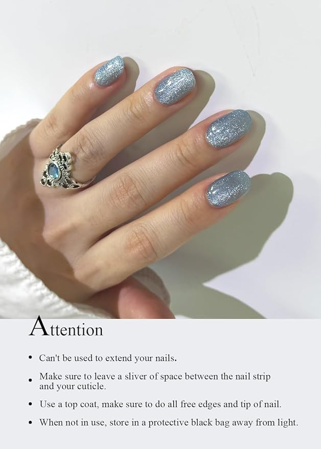 Semi Cured Gel Nail Strips (Powder Blue Cat Eye), 20 Pcs Gel Nail Wraps, Stickers, UV Light Required, Salon Quality, Long Lasting