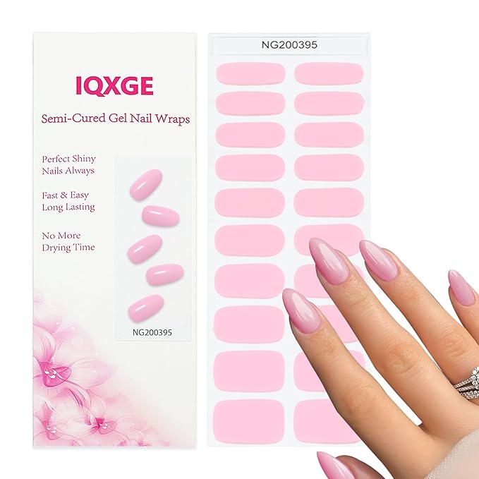 Baby Pink Gel Nail Stickers 20Pcs Semi Cured Gel Nail Strips Full Polish Nails Wraps UV/LED Light Needed Gloss Nails Polish Strips for Women Includes Prep Pads, File, Wooden Cuticle Stick