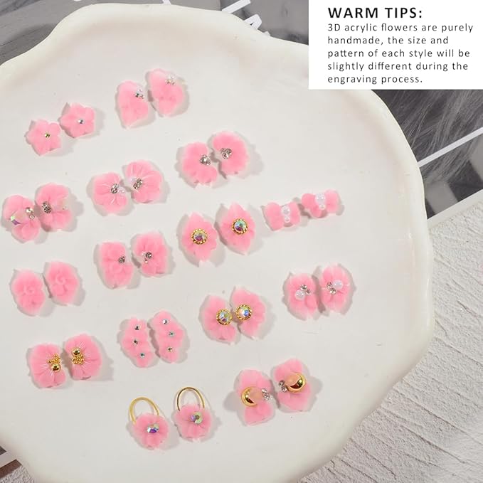 30PCS 3D Handmade Flower Nail Art Charms Advanced Handcrafted Cherry Blossom Flower Colorful Sculpted Floral Nails with Rhinestone Caviar Beads Design for Women Profession Nail Art Craft Jewelry