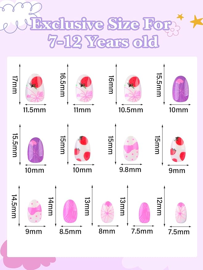 78PCS Kid Press on Nails, EBANKU 3 Pack Children Fake Nail Kit Full Cover Short False Fingernails with Nail Glue for Girl Nail Decoration (Bow Tie Strawberries)