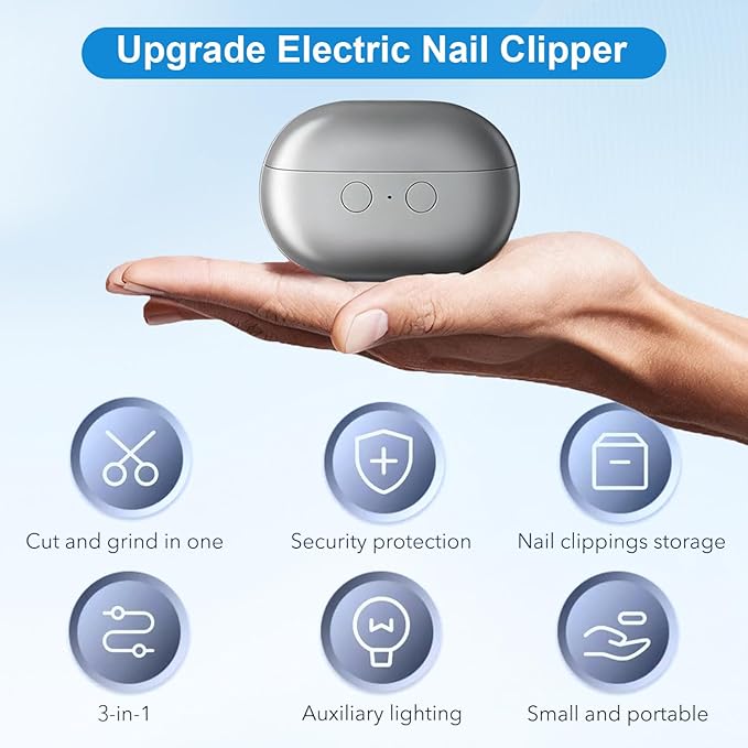 Easy Clip Nail Clippers, New 3-in-1 Automatic Nail Clippers with Polishing & LED Light, Storage, Painless Fingernail Toenail Trimmer for Seniors, Baby and Adults(Gray)